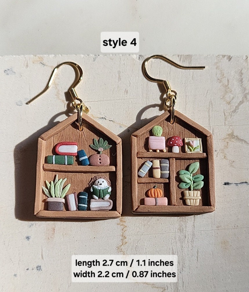 Funky Cute Book Shelf Earrings, Statement Plant Earrings, Unique Novelty Earrings, Plant & Book Lover Gift, Gift for Her