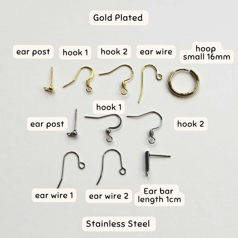 May include: Assortment of gold plated and stainless steel earring findings, including ear posts, hooks, ear wires, and a small hoop. The hoop is 16mm in diameter.