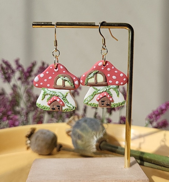 Mushroom House Earrings, Fairy Forest Earrings, Cottagecore Earrings, Handmade Polymer Clay Jewelry Gift For Her