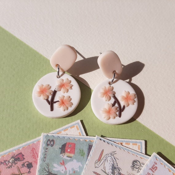 Sakura Flower Earrings | Spring Floral Clay Earrings | Handmade Jewelry Gift For Mom