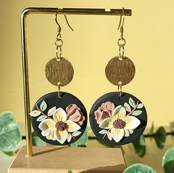 Long Drop Flower Earrings, Floral Clay Earrings, Handmade Jewelry, Mother's Day Gift Under 30