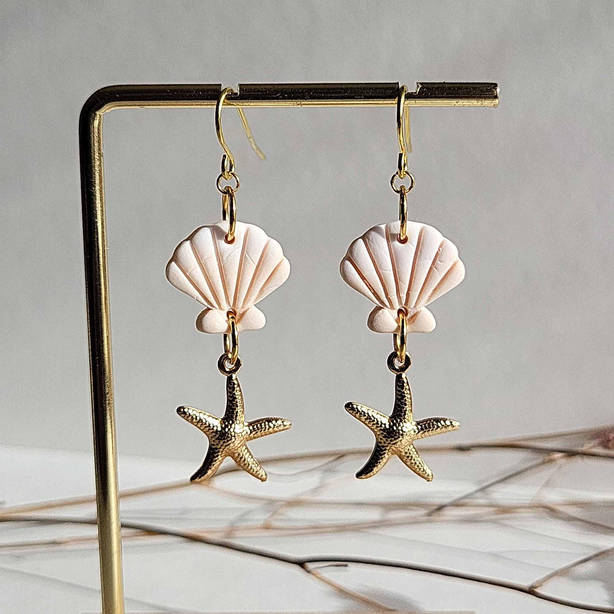 MARINA Small Dangle Shell Earrings Starfish Earrings Polymer Clay Earrings Cute Ocean Earrings