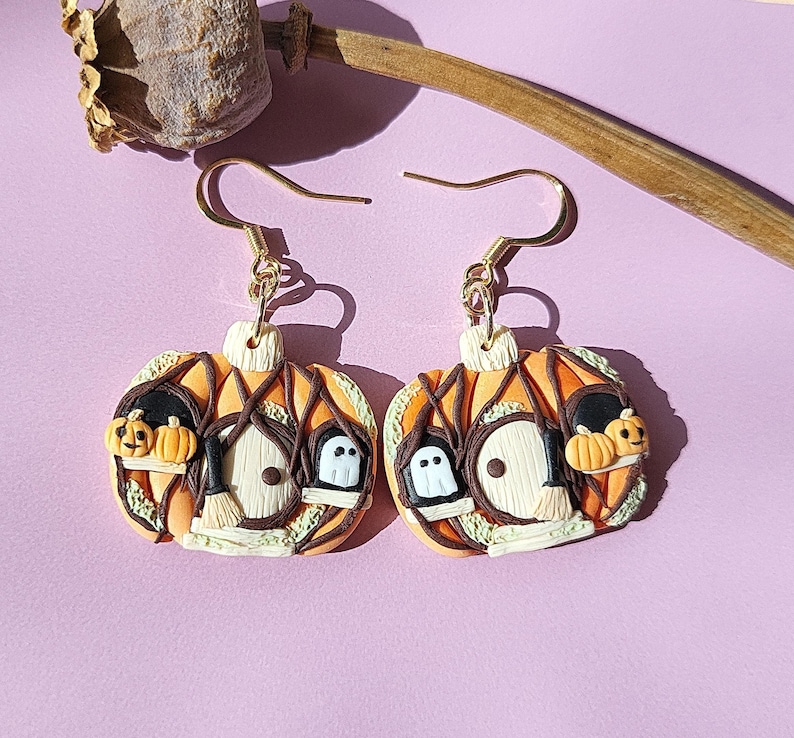 Spooky Halloween pumpkin house earrings with cute ghost polymer clay earrings
