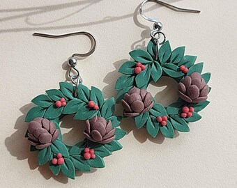 Christmas Wreath Earrings, Polymer Clay Earrings, Holiday Jewelry, Christmas Gift For Women