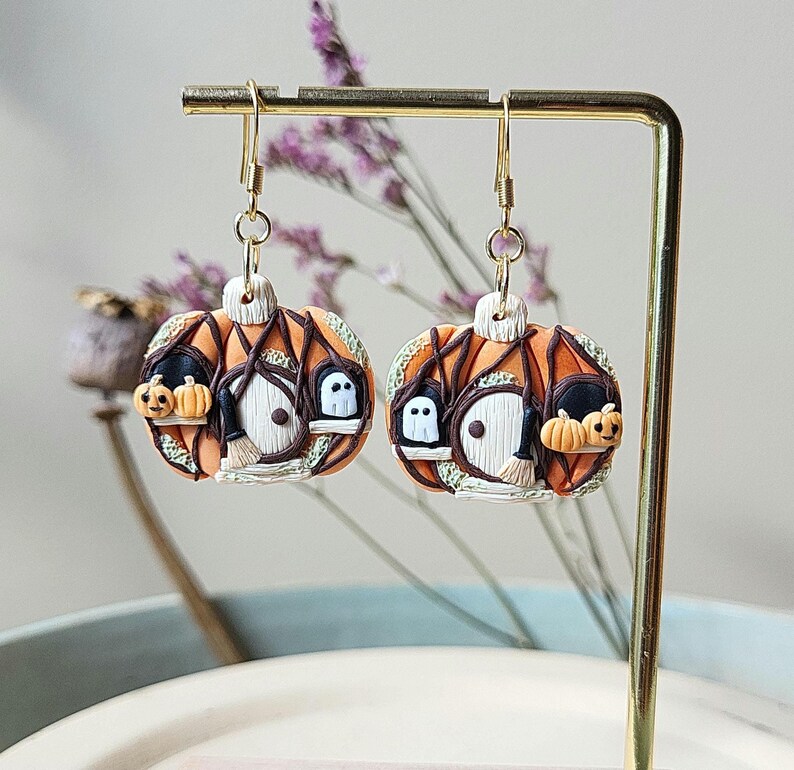 Spooky Halloween pumpkin house earrings with cute ghost polymer clay earrings