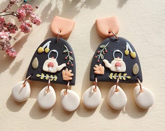 Teapot Mushroom Earrings, Cottagecore Jewellery, Polymer Clay Earrings Handmade Tea Party Jewelry Gift For Her