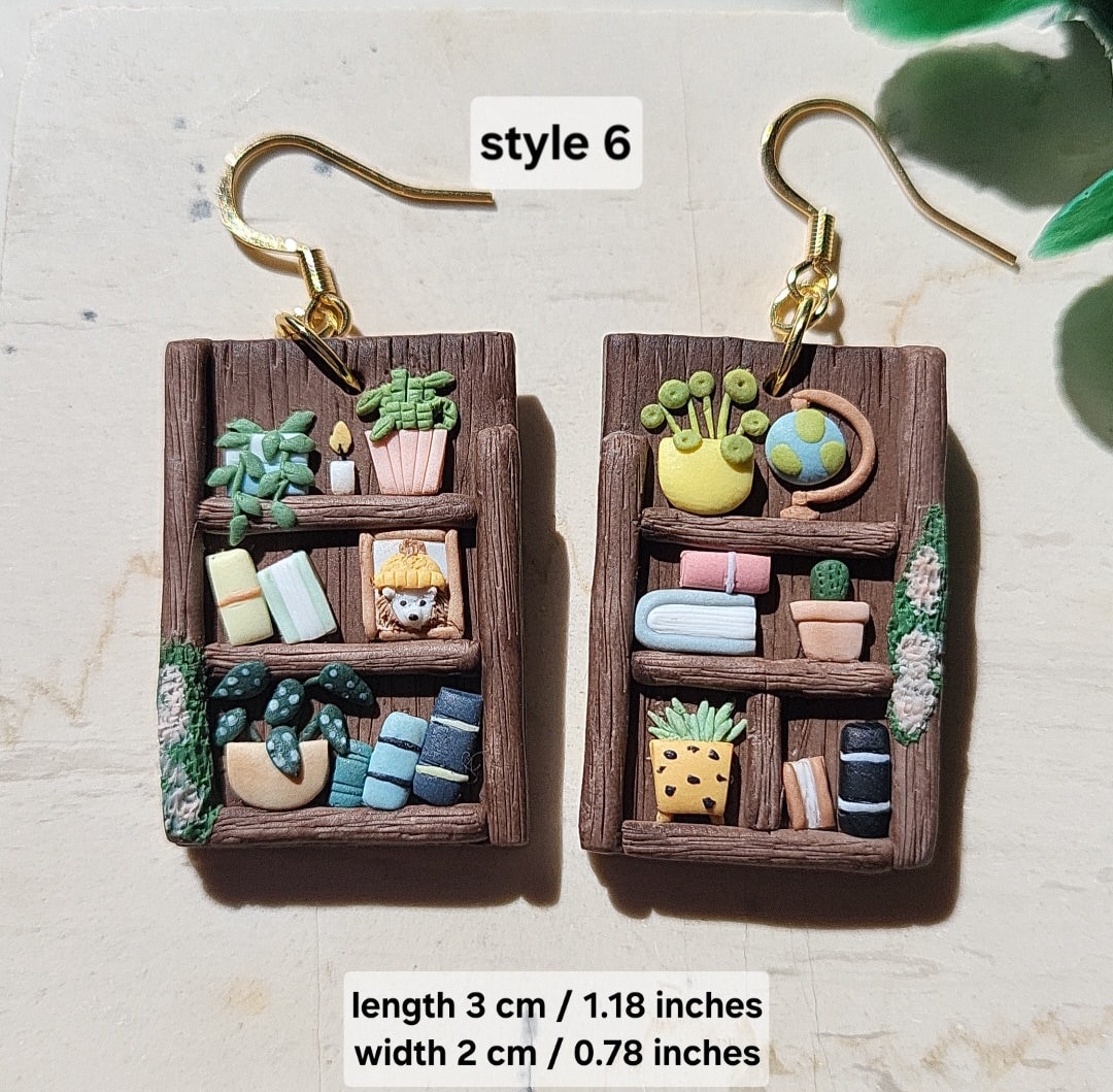 Funky Cute Book Shelf Earrings, Statement Plant Earrings, Unique Novelty Earrings, Plant & Book Lover Gift, Gift for Her