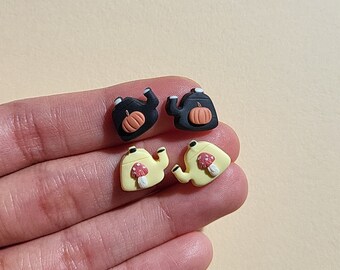 Tea Pot Stud Earrings, Mushroom, Pumpkin, Polymer Clay