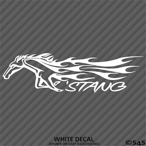 May include: White vinyl decal of a stylized horse with flames and the word "STANG" underneath. The decal is shown on a gray background.