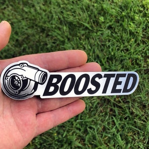 Custom Badge: Turbo “Boosted” Fits Charger Challenger WRX Diesel JDM - Brushed Nickel/Black