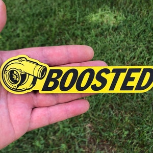 Custom Badge: Turbo “Boosted” Fits Charger Challenger WRX Diesel JDM - Matte Yellow/Black