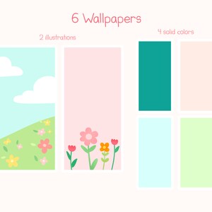 May include: An image showcasing six wallpapers. Two illustrations depict a sky and a field of flowers. Four solid color options include teal, light pink, light blue, and light green. The text "6 Wallpapers" is at the top.