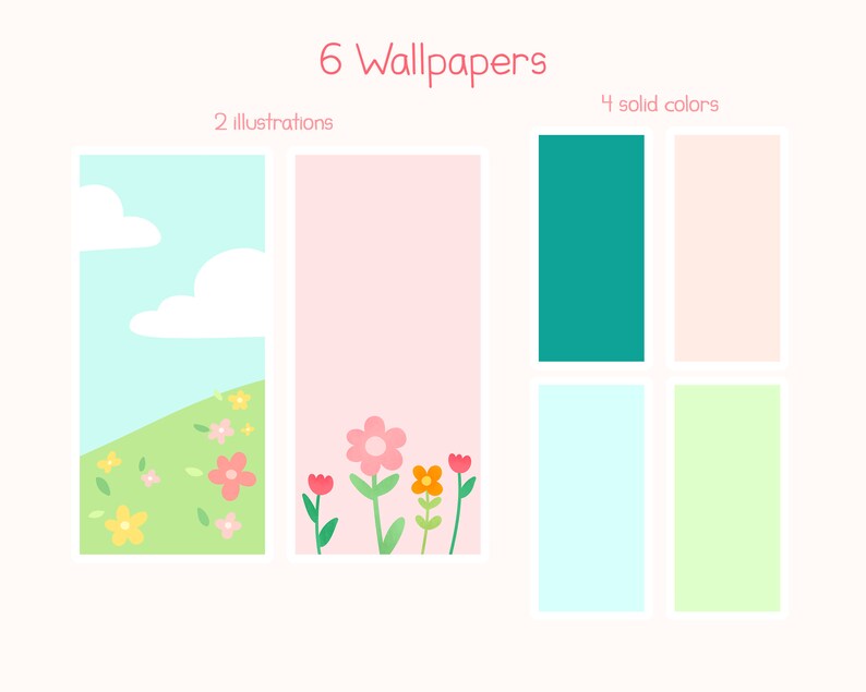 May include: An image showcasing six wallpapers. Two illustrations depict a sky and a field of flowers. Four solid color options include teal, light pink, light blue, and light green. The text "6 Wallpapers" is at the top.