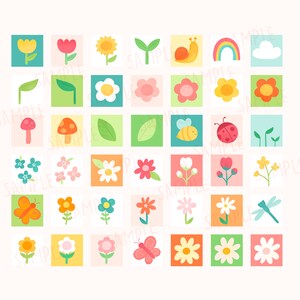May include: A collection of colorful, square illustrations featuring spring-themed elements. The images include flowers, leaves, mushrooms, a snail, a rainbow, a cloud, a bee, a ladybug, a butterfly, and a dragonfly. The illustrations are in a variety of colors.