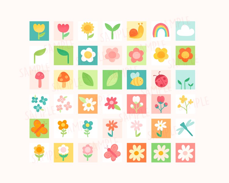 May include: A collection of colorful, square illustrations featuring spring-themed elements. The images include flowers, leaves, mushrooms, a snail, a rainbow, a cloud, a bee, a ladybug, a butterfly, and a dragonfly. The illustrations are in a variety of colors.