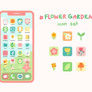 May include: A digital illustration of a smartphone with a pink case displaying a custom icon set. The icons are colorful and feature floral and nature-themed designs. The text "FLOWER GARDENY icon set" is displayed above the icons.