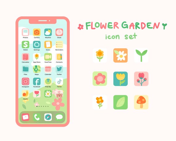 Flower Garden Phone Icon Set - all hand drawn icons, cute plant aesthetic, widgets and wallpapers, iPhone iOS 15