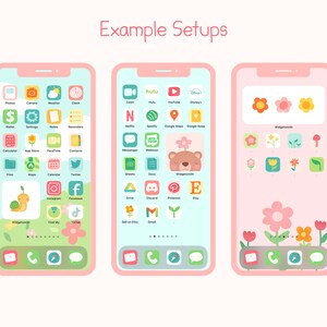 May include: Three pink smartphones displaying different home screen setups with floral and cartoon themes. The screens feature app icons, widgets, and the text "Example Setups". The backgrounds are light pink and blue.