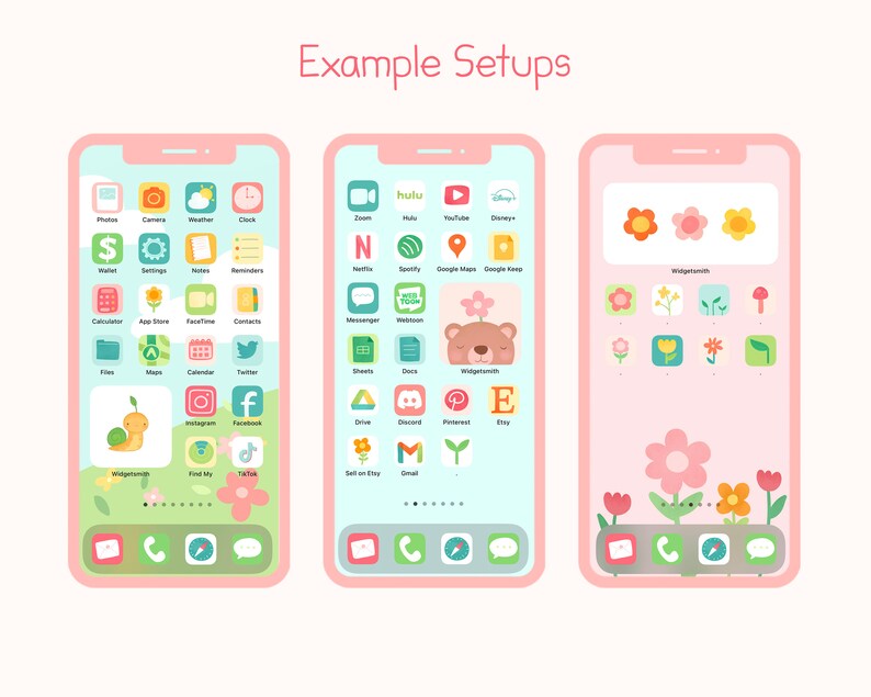 May include: Three pink smartphones displaying different home screen setups with floral and cartoon themes. The screens feature app icons, widgets, and the text "Example Setups". The backgrounds are light pink and blue.