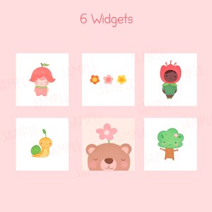 May include: Six whimsical illustrations on a pink background. The images include a flower-person, a snail, a bear with a flower, a tree-person, and three small flowers. The text "6 Widgets" is at the top.
