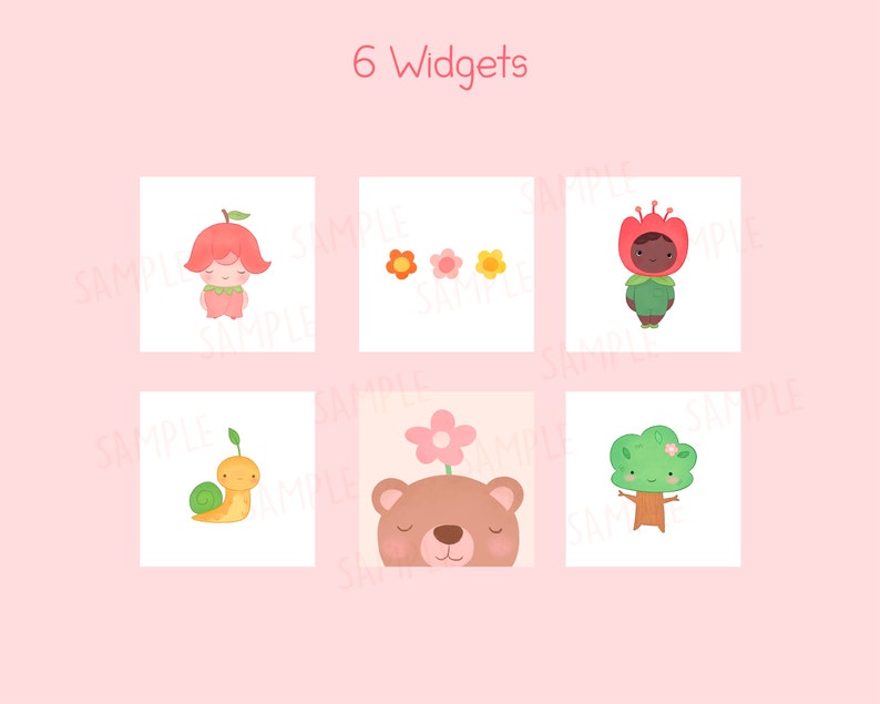 May include: Six whimsical illustrations on a pink background. The images include a flower-person, a snail, a bear with a flower, a tree-person, and three small flowers. The text "6 Widgets" is at the top.