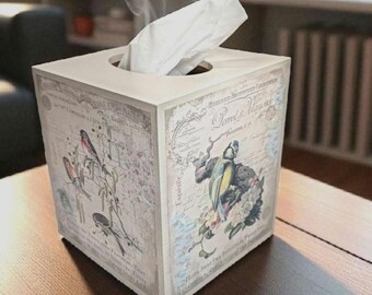 Vintage Birds Tissue Box Cover: Decoupage Wooden Design