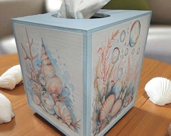 Seashells Tissue Box Cover: Coastal Shabby Chic Wood Decor