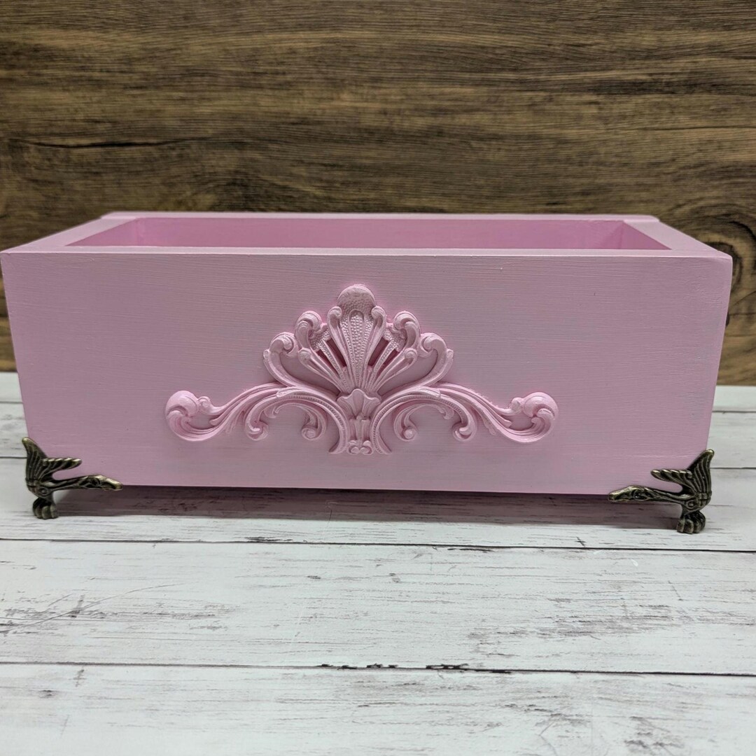 Hand-painted Shabby Chic Decorative Box: Pink Resin Scroll, Brass Feet ...