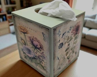 Vintage Floral Butterfly Tissue Box Cover: Handcrafted Decoupage Wood