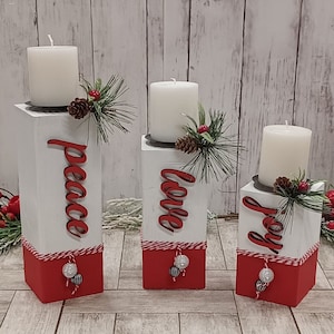 Wood Block Christmas Present Candleholder, Set of 3 Wooden Christmas Candleholders,  Wood Holiday Décor, Wood Christmas Tabletop Décor