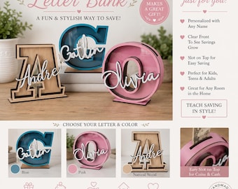 Personalized Letter Piggy Bank: Wooden Alphabet Bank, Gift for Kids