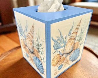 Seashells Tissue Box Cover: Coastal Beach Decor, Shabby Chic Wood