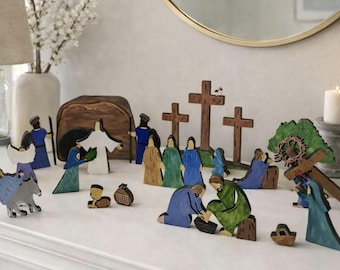 Laser Cut Maple Wood Easter Resurrection Scene, Hand Painted Holy Week Set