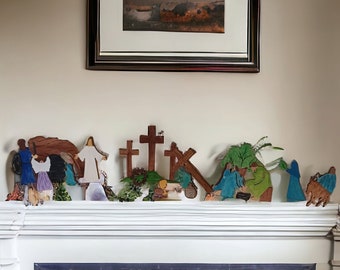 Expanded Holy Week Easter Creshe' Scene, Painted or Stained Holy Week Wood Set, Easter Resurrection Scene, The Easter Story,  Empty Tomb