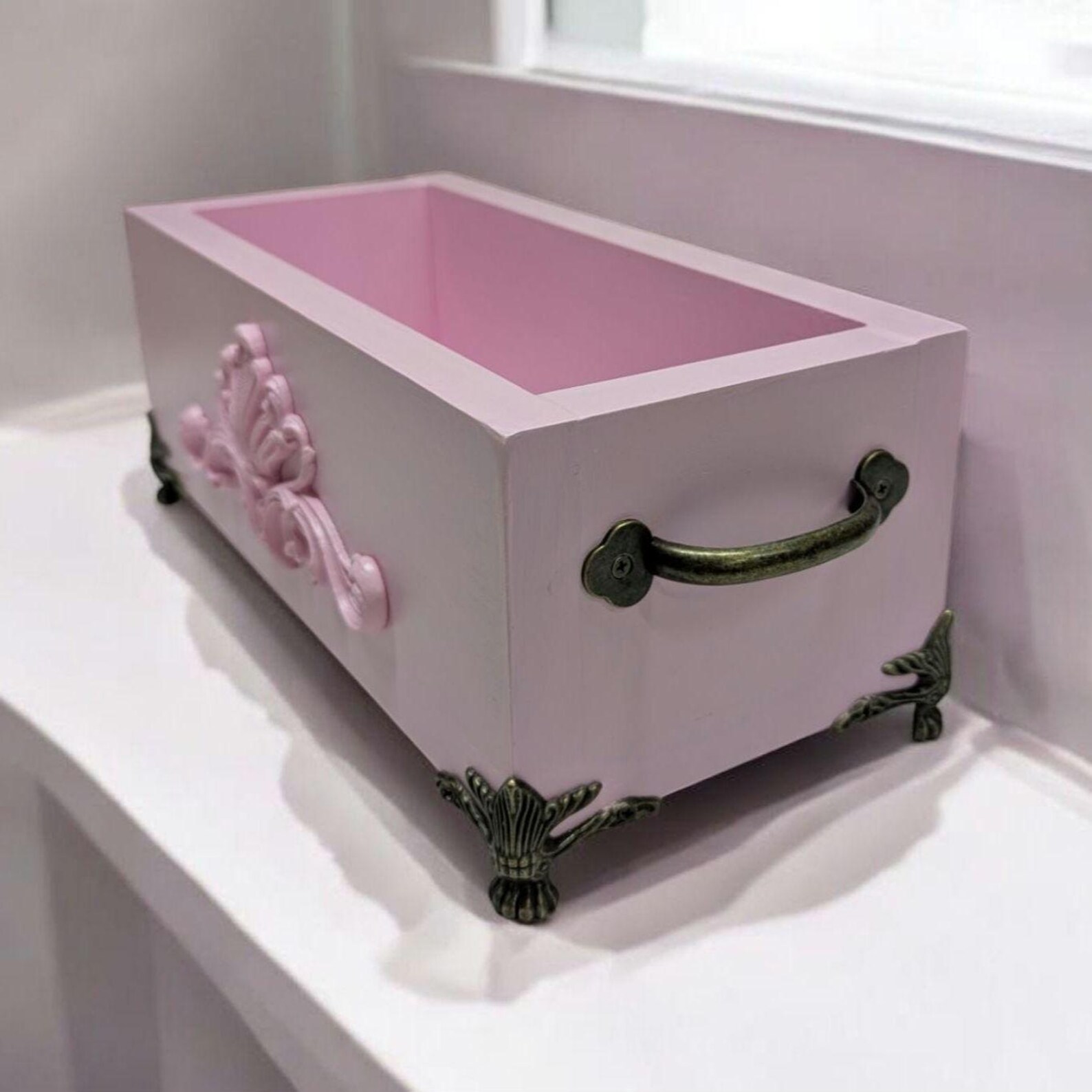 Hand-painted Shabby Chic Decorative Box: Pink Resin Scroll, Brass Feet ...