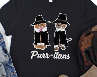 Cute Cat Lovers Thanksgiving T Shirt for Women - Funny Pilgrim Puritans Purritans