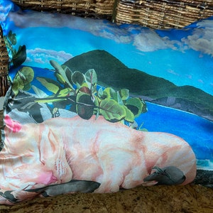 May include: A white pillow with a colorful print of a sleeping cat on a beach with a green bush and a blue ocean in the background. The pillow is made of satin and has a soft, luxurious feel.