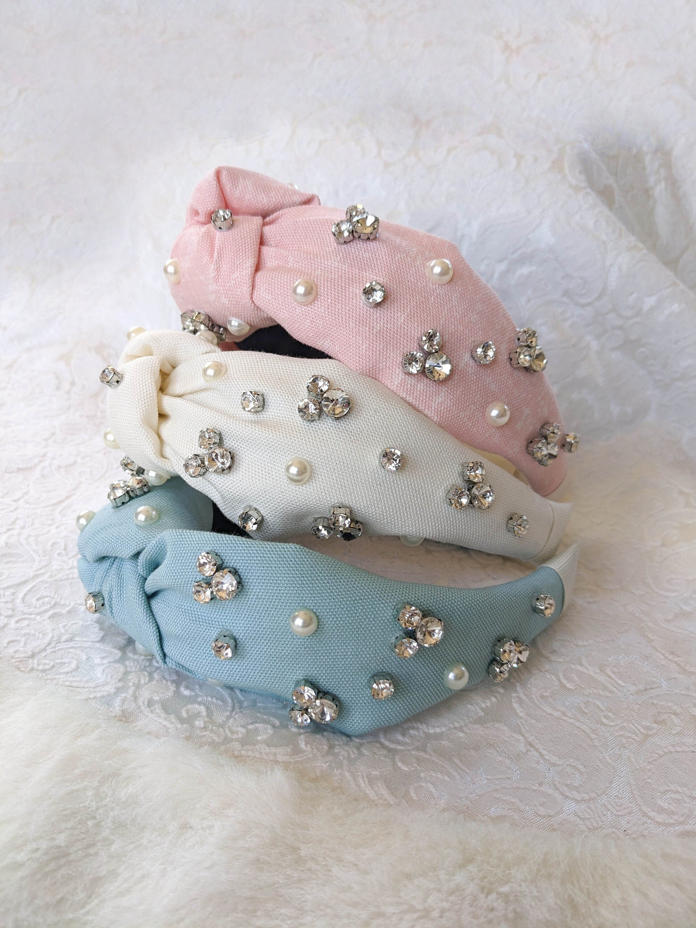 Blue Velvet Headband with Pink Gemstones Pink Headband With Gemstones - Etsy main image 2