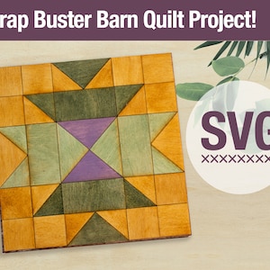 Könnte beinhalten: Ein hölzerner Quiltblock mit einem geometrischen Muster in Gelb-, Grün- und Lilatönen. Der Block besteht aus Quadraten und Dreiecken, und das Design erinnert an eine Scheunenquilt. Das Bild enthält auch den Text "SVG" in einem weißen Kreis mit violetter Umrandung.