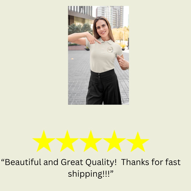 May include: A woman wearing a white polo shirt with a small logo on the left chest. She is standing outside and smiling. The shirt is a great quality and the shipping was fast. Five yellow stars are shown below the image.