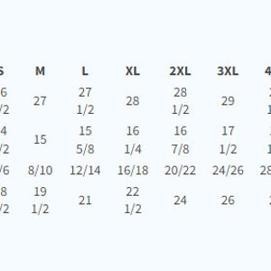 May include: A white and blue sizing chart with measurements for XS to XXL sizes. The chart includes body length, sleeve length, size, and bust measurements in inches.
