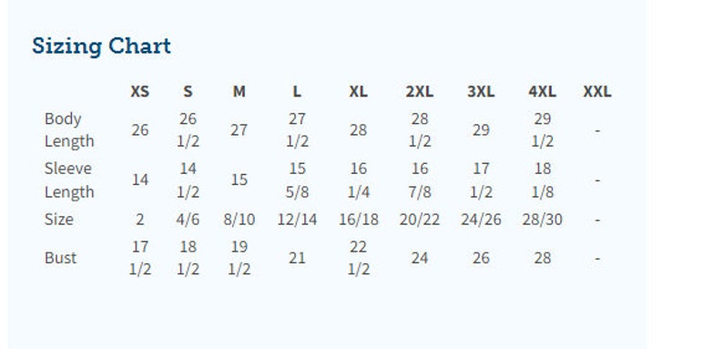 May include: A white and blue sizing chart with measurements for XS to XXL sizes. The chart includes body length, sleeve length, size, and bust measurements in inches.