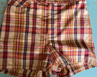 vtg 80s 90s Southern Classics Colorful Madras Plaid High Waist Shorts Zanzibar L