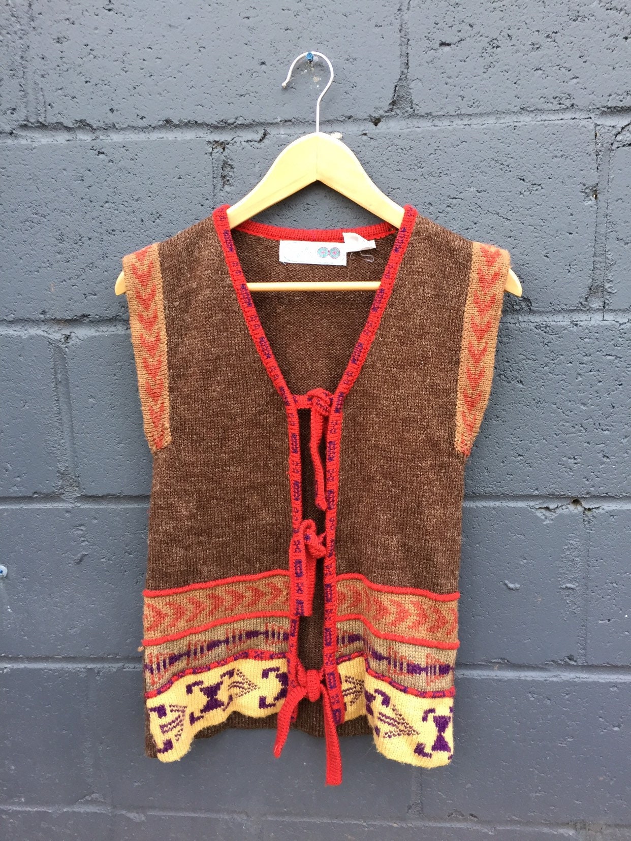 Brown tie sweater vest with geometric Etsy