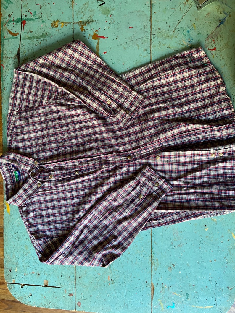 cotton red and blue small plaid button down Please see pics carefully for condition and measurements. PREP /& PLAID Men\u2019s small