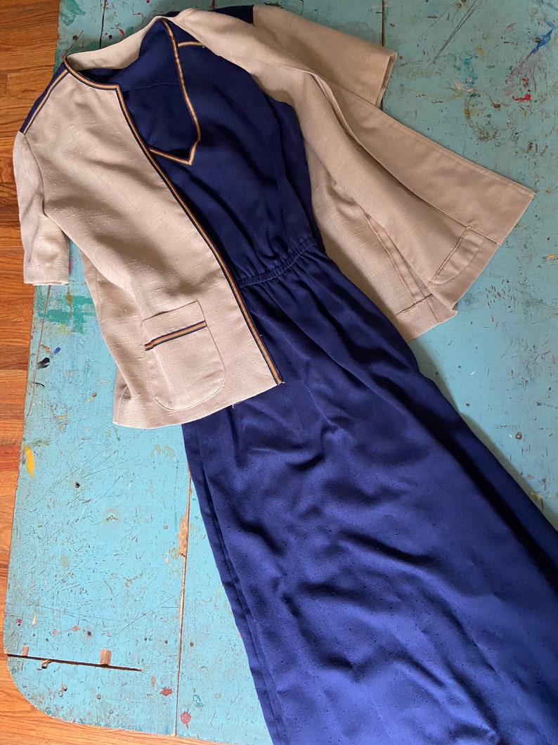 See pics carefully for condition and flaws prep 1980s proper ladies 2 piece dress and jacket contrast khaki on navy dress PREP /& PLAID