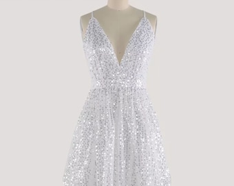 Bella by LABC, deep v short wedding / elopement dress, sequin dress, sparkly dress, halter neck