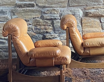 Pair of 1970's German Brutalist oak and leather lounge chairs