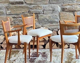 Set of four mid century Edmond Spence maple and cane dining chairs - new upholstery