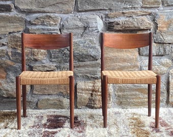 Pair of Poul Volther mid century Danish teak chairs with cord seats - Frem Rojle
